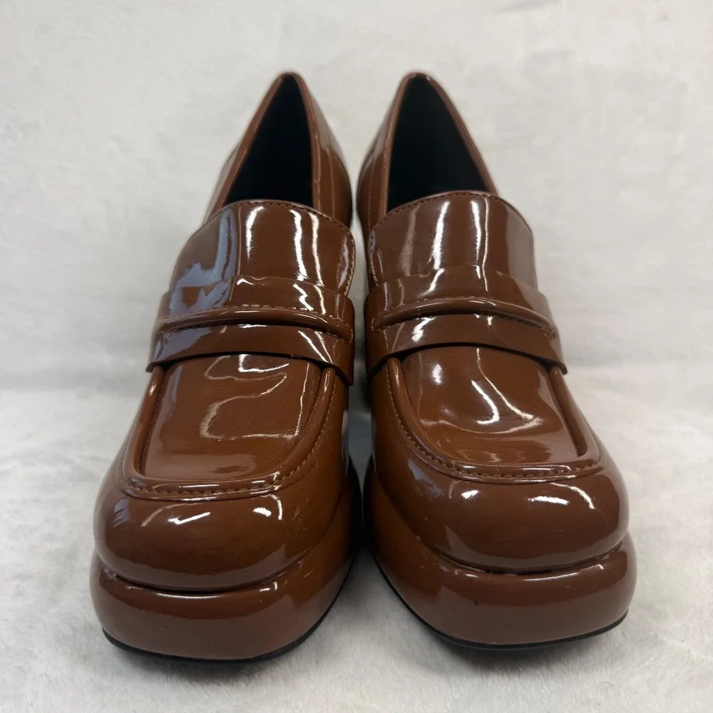 Nine West Brown Patent‎ Leather Chunky Platform Penny Loafer Heels Square Toe 6